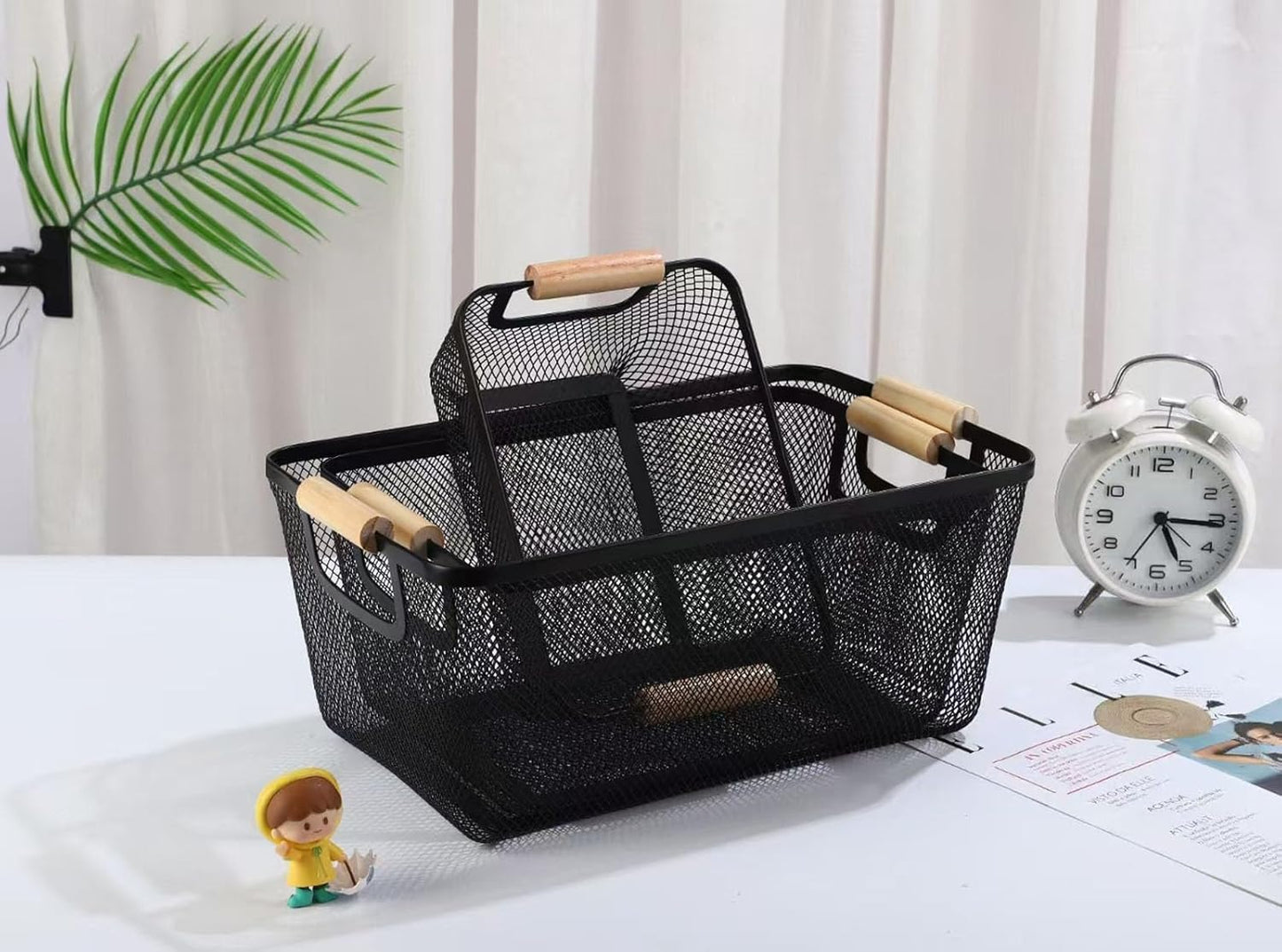 AJIODA Metal Mesh Steel Basket, Large Wire Storage Organizer Basket Multi-function Hanging Kitchen Baskets with Wood Handle for Kitchen Bathroom Picnic Home, Rectangle-Black