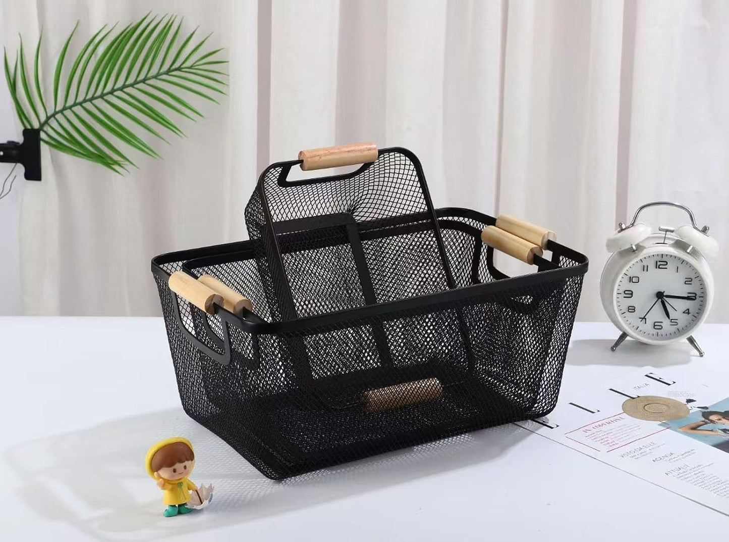 AJIODA Metal Mesh Steel Basket, Large Wire Storage Organizer Basket Multi-function Hanging Kitchen Baskets with Wood Handle for Kitchen Bathroom Picnic Home, Rectangle-Off White