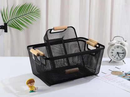 AJIODA Metal Mesh Steel Basket, Large Wire Storage Organizer Basket Multi-function Hanging Kitchen Baskets with Wood Handle for Kitchen Bathroom Picnic Home, Rectangle-Off White