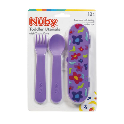 Nuby Toddler Utensils with Travel Case - Self-Feeding Fork & Spoon Set for Kids - Easy-to-Hold Training Utensils with Rounded Safe Edges for Independent Mealtime - Dinosaurs