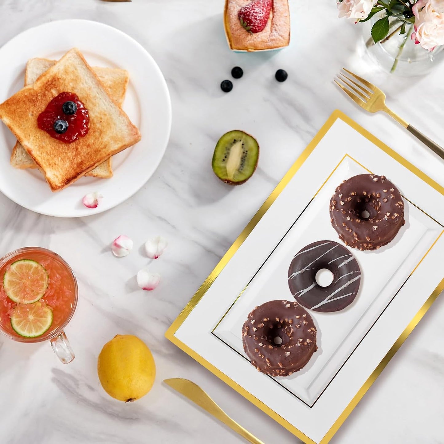 Uenhoy 8 Pcs White Plastic Serving Trays for Party 13" x 8" Rectangle Dessert Trays & Platters with Gold Trim, Fruit Tray Disposable Platters for Cupcake Cookie Dessert Appetizers