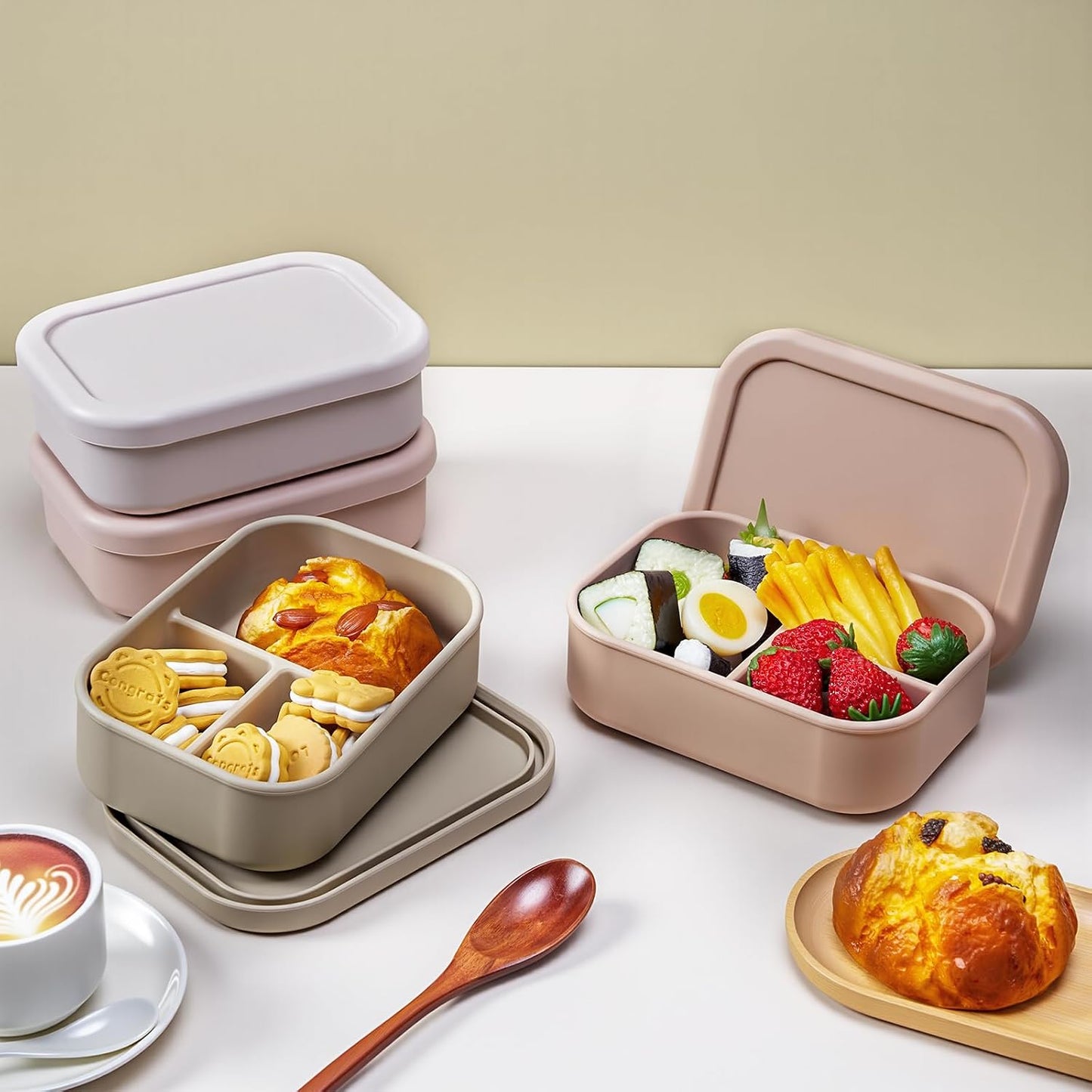 Honeydak 6 Pcs Silicone Bento Box Reusable Silicone Bento Lunch Container for Adults Microwave Dishwasher Freezer Safe 3 Compartment (Light Colors)