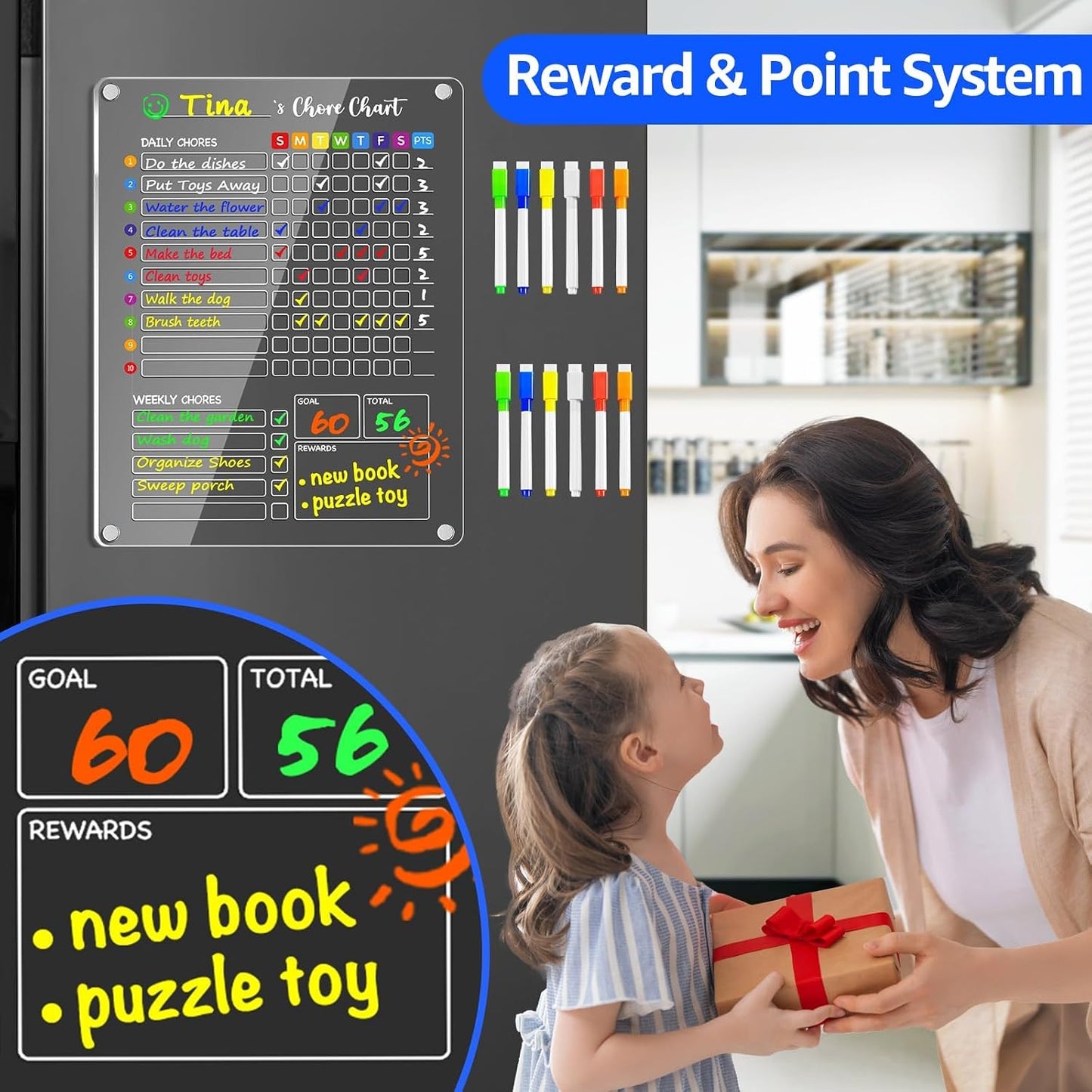 PigPotParty 2-in-1 Acrylic Magnetic Chore Chart for 2 Kids, Couples, Roommates, 15"x11" Large Dry Erase Chore Board for Fridge, Clear Weekly & Daily Reward Chart, Includes 12 Markers & Towel
