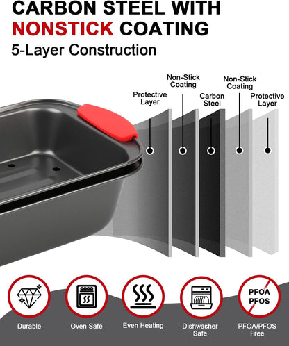 Meatloaf Pan with Drain Tray, 2 Piece Set Meat Loaf Pan with Silicone Grip and Spatula & Basting Brush, Carbon Steel with Nonstick Coating, Oven Safe to 450°F, Versatile for Bread, Roasts, Cakes