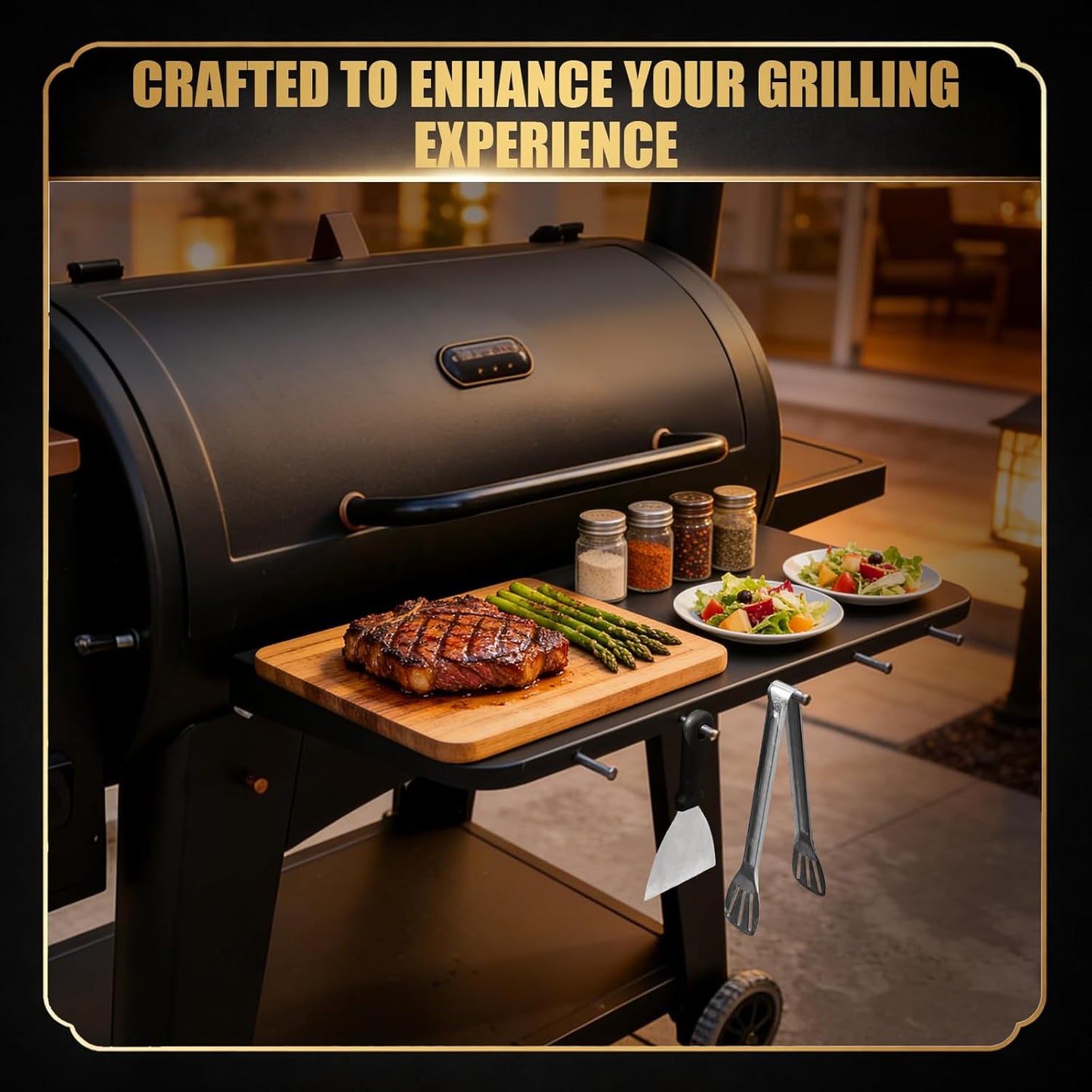 QuliMetal Folding Front Shelf for Traeger Pro 34, Texas Elite 34, Century 885 and Eastwood 34, 37" x 12" Heavy-Duty Grill Prep Table with Cutting Board, Stainless Steel Basin, Lid and 5 Hooks