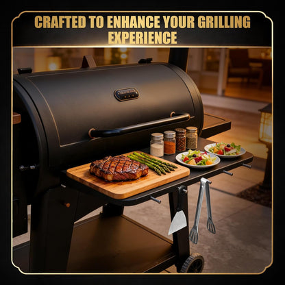 QuliMetal Folding Front Shelf for Traeger Pro 34, Texas Elite 34, Century 885 and Eastwood 34, 37" x 12" Heavy-Duty Grill Prep Table with Cutting Board, Stainless Steel Basin, Lid and 5 Hooks