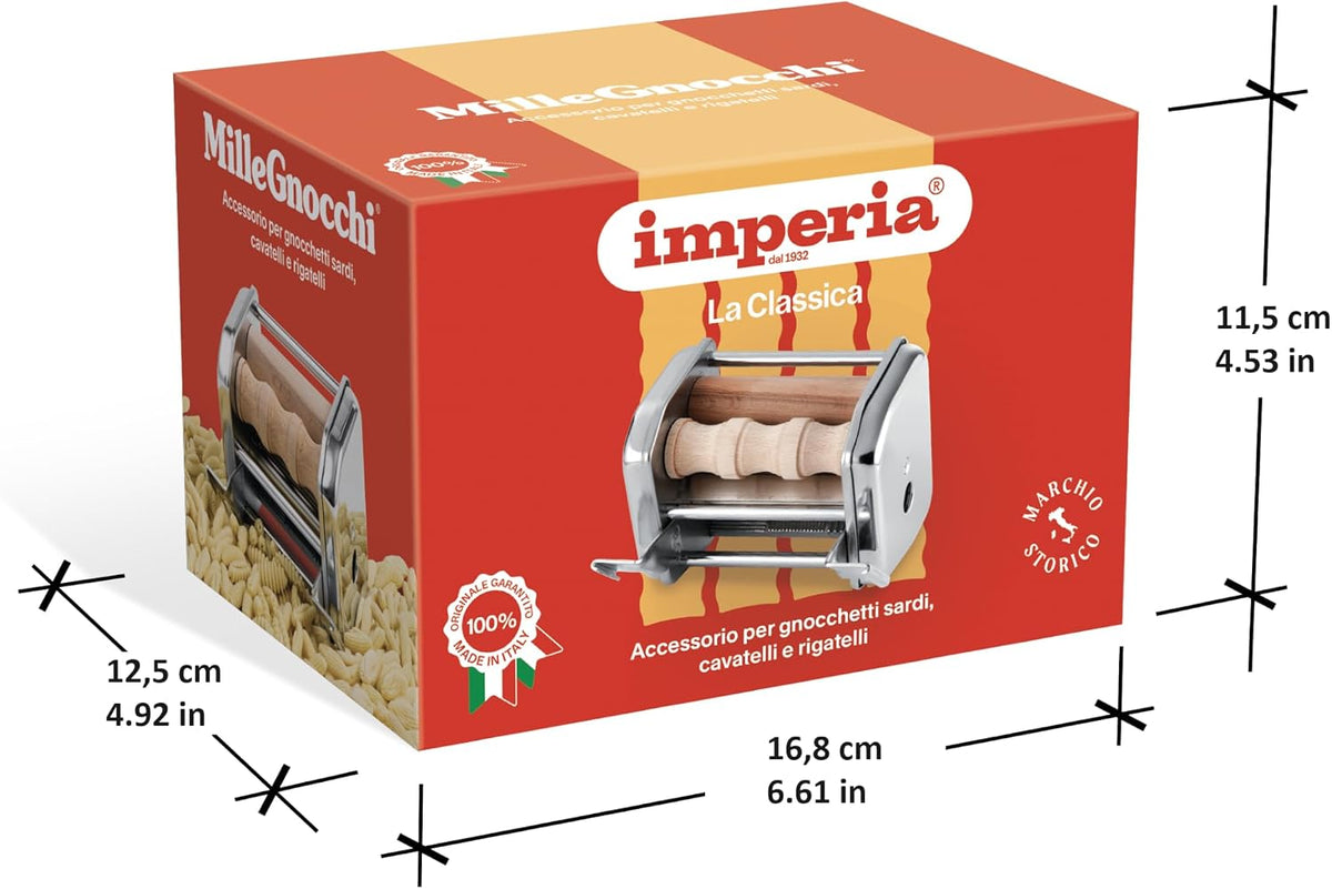 Imperia Mille Gnocchi Pasta Cutter Attachment- Heavy Duty Steel Construction- Machine Accessory cuts Fresh Homemade Gnocchi, Cavatelli & More- Made in Italy, Easy to Use Wooden Roller- Italian Gift