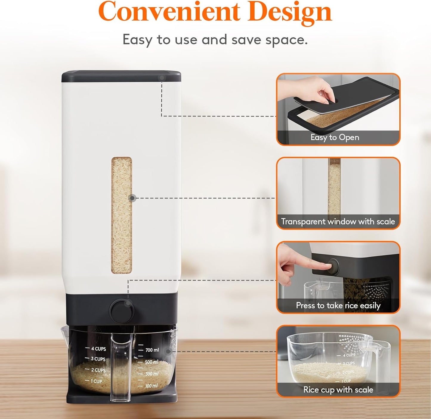 Lifewit Rice Dispenser 25 Lbs(11.3kg), Rice Storage Container Sealed Moisture Proof with Measuring Cup for Kitchen Pantry Household, BPA-Free, 1 Pack Grey
