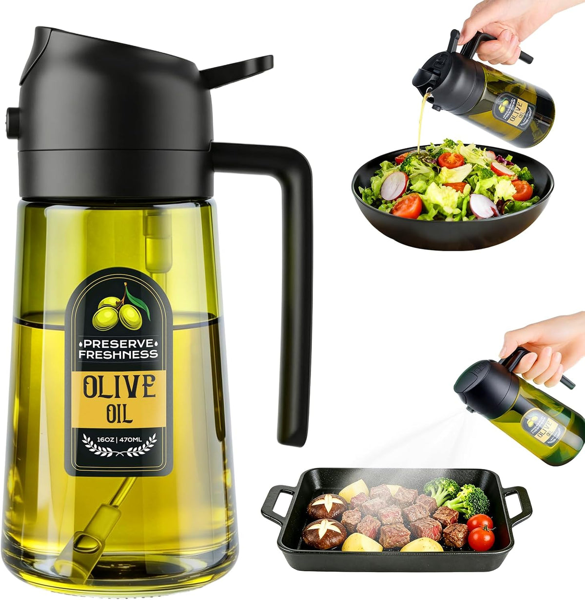 2 in 1 Olive Oil Sprayer for Cooking, 16 Oz Olive Oil Dispenser Bottle for Kitchen, Fits Air Fryers, Salads, BBQ & More