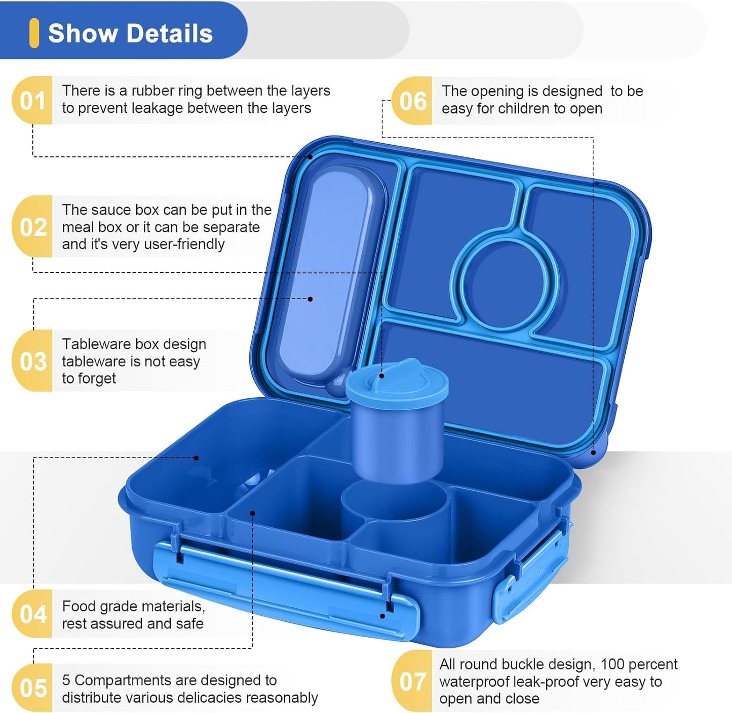 Amathley Bento Box Adult Lunch Box Kids,Lunch Containers for Adults/Kids/Toddler,5 Compartments Bento Lunch Box with Sauce Vontainers,Microwave & Dishwasher & Freezer Safe,BPA-Free (Blue)