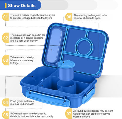 Amathley Bento Box Adult Lunch Box Kids,Lunch Containers for Adults/Kids/Toddler,5 Compartments Bento Lunch Box with Sauce Vontainers,Microwave & Dishwasher & Freezer Safe,BPA-Free (Blue)