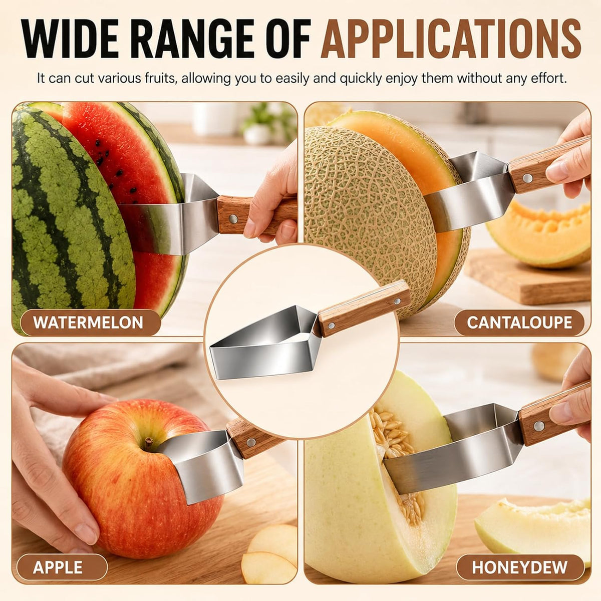 2-packs Triangle Watermelon Cutter, Stainless Steel Watermelon Slicer, Stainless Steel with Wooden Handle for A Wide Variety Watermelon, Cantaloupe, Honeydew