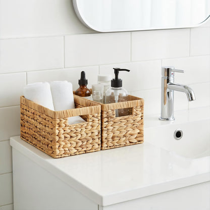 Water Hyacinth Storage Baskets Set of 2 - Medium Decorative Wicker Baskets for Organizing Shelves, Rectangular Woven Storage Bins with Handles for Pantry, Bathroom, Living Room 13"x9"x7"