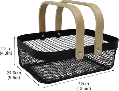 2 Set Potato and Onion Storage Bin, Fruit Basket for Kitchen Counter, Metal Wire Basket with Wooden Handle, Pantry Organizers and Storage Containers for Produce Vegetable Garlic, Black