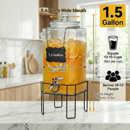 Drink Dispenser, Drink Dispensers for Parties, 1 Gallon Glass Beverage Dispenser with Stand and Glass Lid, 100% Leakproof Spigot, Ideal for Lemonade, Juice, Iced Tea, Laundry Detergent