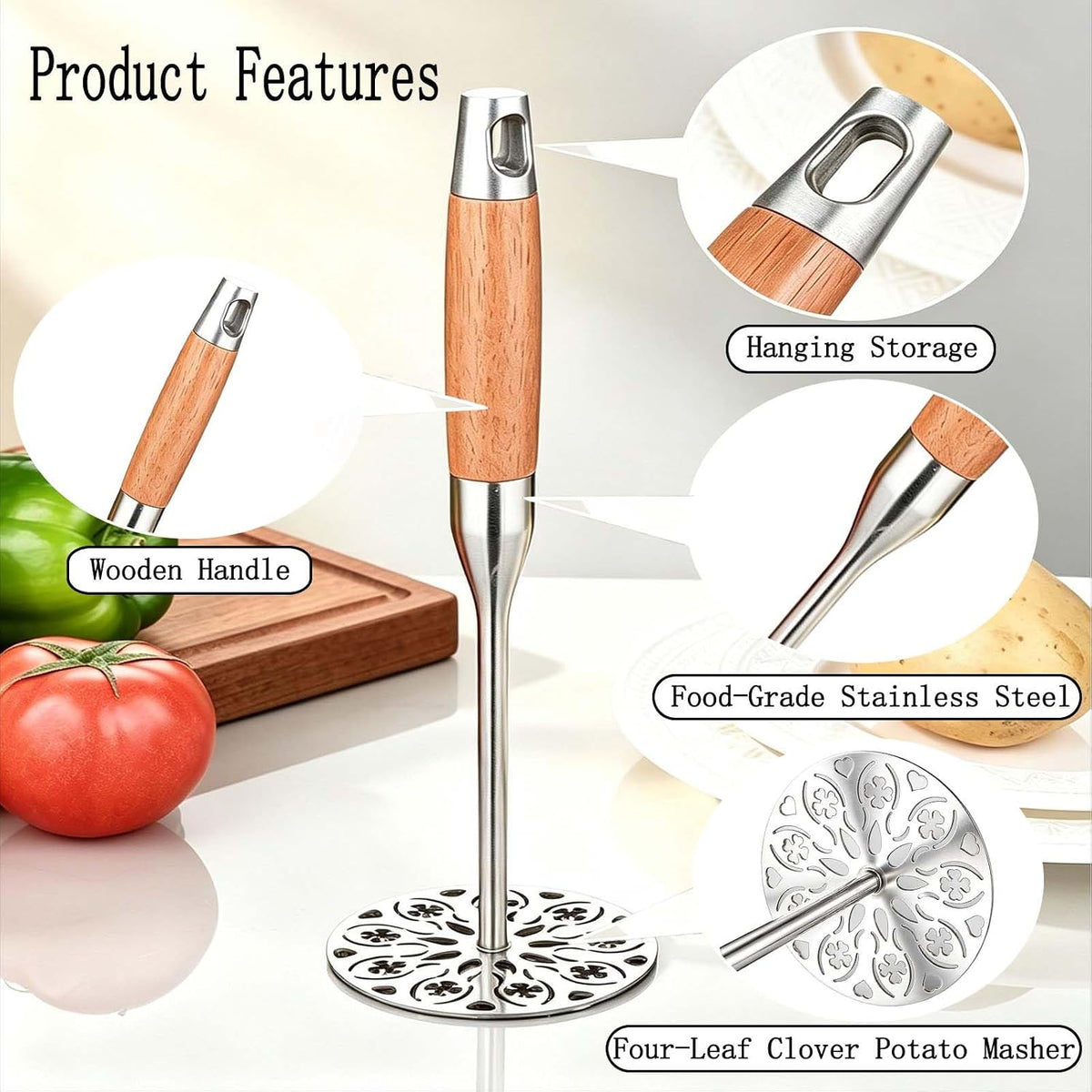 Potato Masher Stainless Steel,Wood Handle Food Smasher Kitchen Tool