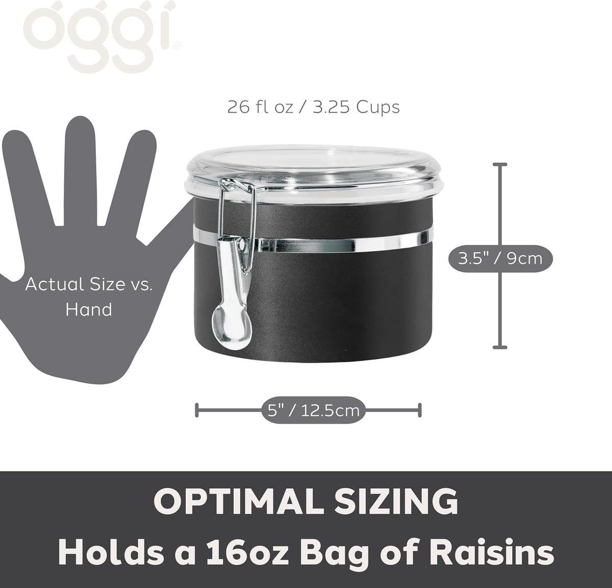 Oggi Stainless Steel Kitchen Canister 62 fl oz - Airtight Clamp Lid, Clear See-Thru Top - Ideal for Kitchen Storage, Food Storage, Pantry Storage. Large Size 5" x 7.5".
