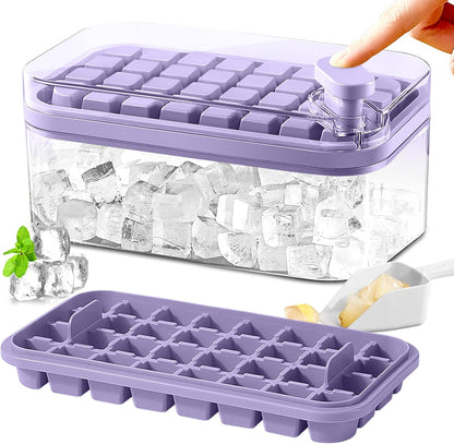 Ice Cube Tray with Lid and Bin, 2 Pack Ice Cube Trays for Freezer, 64 Pcs Ice Cube Mold, Press Button Easy Release Ice Tray, Small Ice Cubes Maker for Drinks(Green)