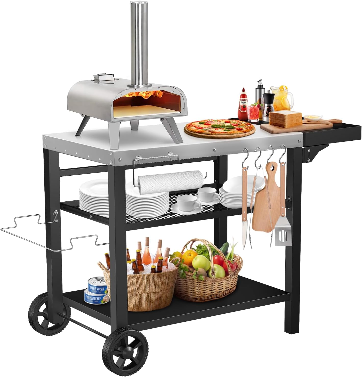 Outdoor Pizza Oven Table for Ninja Woodfire, Blackstone Tabletop Grill, Portable Grill Cart & Food Prep Work Table, Movable Pizza Oven Cart for Backyard BBQ and Patio Parties