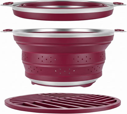 Collapsible Colander Set with Silicone Mat,2-in-1 Stainless Steel Colander for Kitchen, Foldable Metal Colander, Space-Saving for Pasta Veggies Fruit(NAVY BLUE)