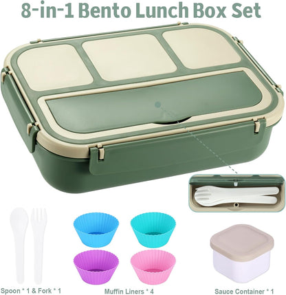 Bento Box Adult Lunch Box, Lunch Containers for Kids Girls Boys with 4 Compartments, Lunchable Food Container with Utensils, Sauce Jar, Muffin Liners, 40 Oz/5 Cup, Microwave Safe, Lavender