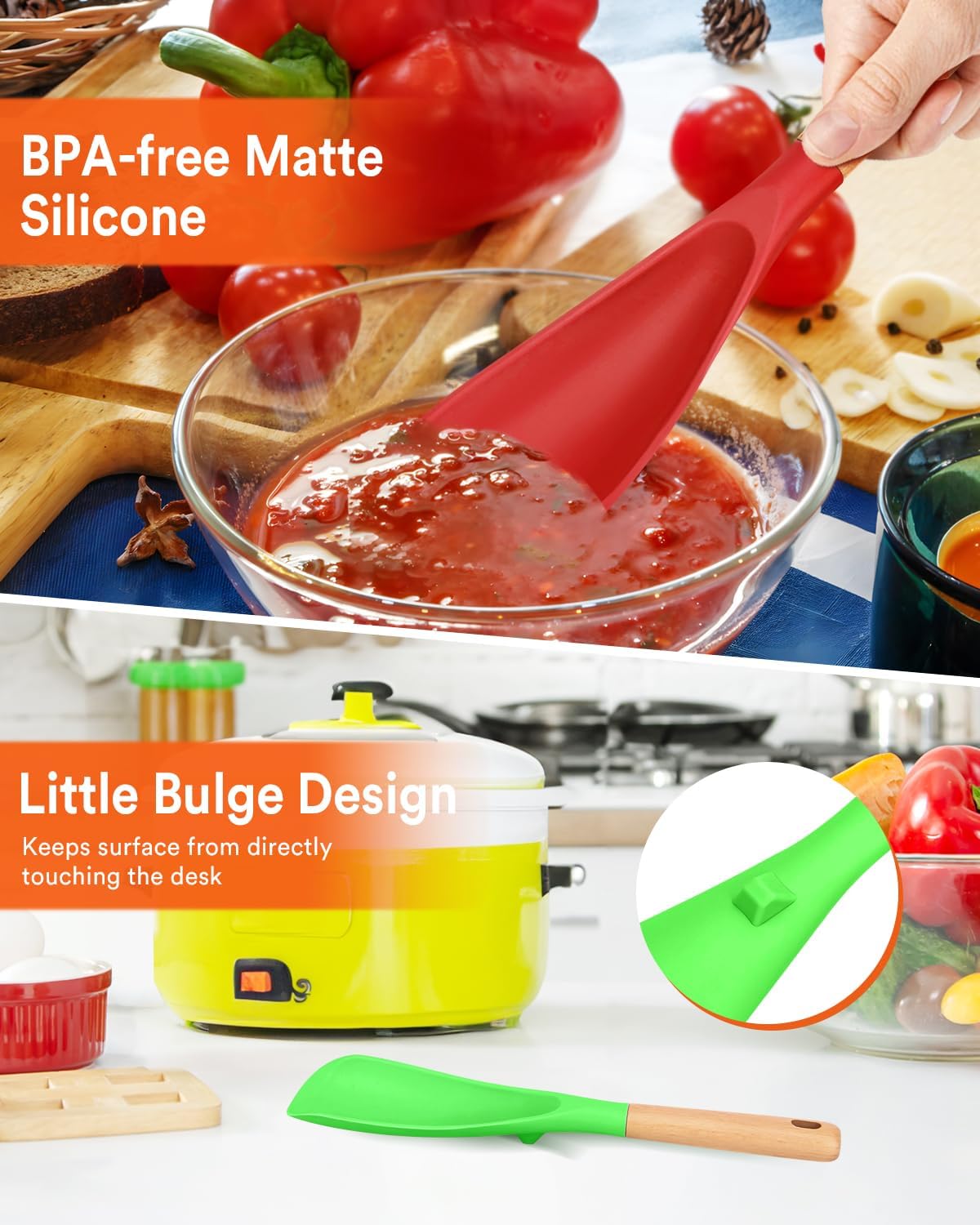 Cooking Spoon for Nonstick Cookwares, Great for Cooking and Serving Sturdy BPA-Free Matte Silicone, Wood Handle Spoon for Mixing, Scoop, and Scrape (Black & Grey, 11.4 inch)