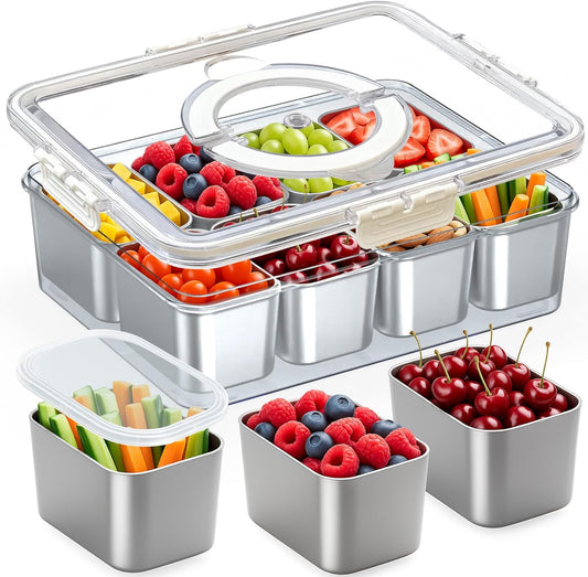 Snackle Box Container Stainless Steel - Reusable 8 Compartment Divided Serving Tray with Lid and Handle, Clear Portable Snack Containers Platters Storage Organizer for Snacks Fruit Candy Veggie Nuts