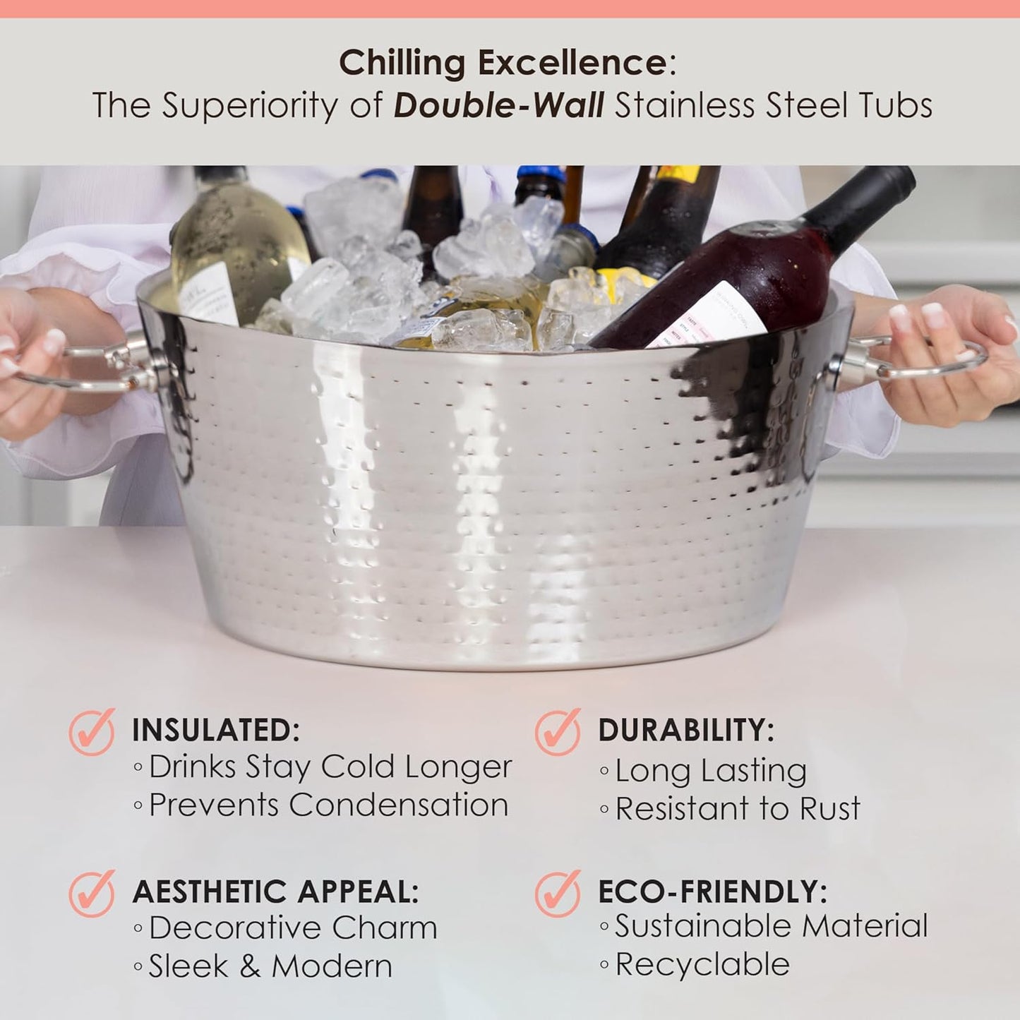 Insulated Stainless Steel Large Ice Bucket with Lid for Parties, Anchored Metal Ice & Beverage , Champagne Bucket for Extended Chill - 12-Quarts