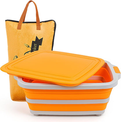 Funnymoom 2pcs Barbecue Prep Set Include Collapsible BBQ Prep Tub with Lid and Cutting Board(4.22 Gal/16l) BBQ Blanket for Resting Meat(21inch) Smoker Blanket Insulated(Orange,Classic Style)