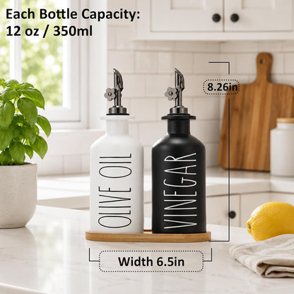 HOMCDALY Premium Olive Oil Dispenser for Kitchen, 11.8oz Glass Oil Bottles with Bamboo Tray, White Oil&Vinegar Cruet Set, Kitchen Dispenser Bottles with Pourer| Set of 2 (11.8oz –P–White)