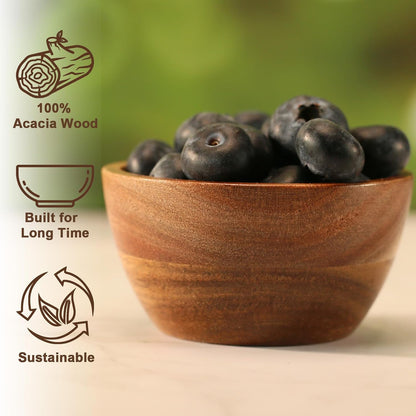 Acacia Wooden Bowls Set, Small Pinch Bowls for Sauces/Dips/Condiments, Mini Serving Bowls for Snacks/Appetizers/Side Dishes/Charcuterie Board, 3 oz Wooden Ramekins, Handmade Reusable, 4 pcs