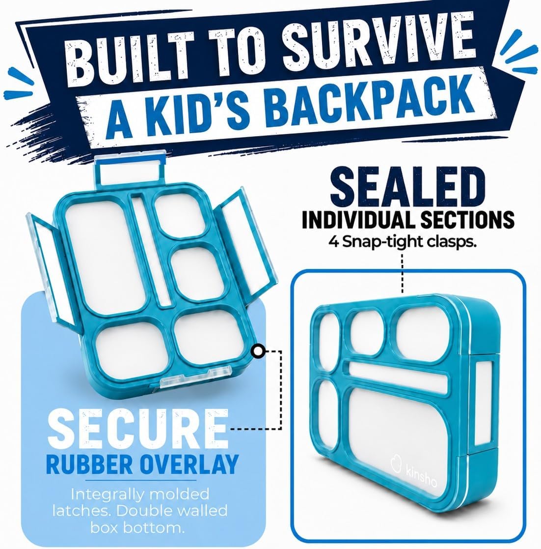 kinsho Lunch Box for Kids Boys Girls - Bento Box Set with Insulated Bag and Ice Pack, 6 Compartment Leak Proof Food Container, BPA-Free, Microwave Safe, Ideal for School & Work, Teal