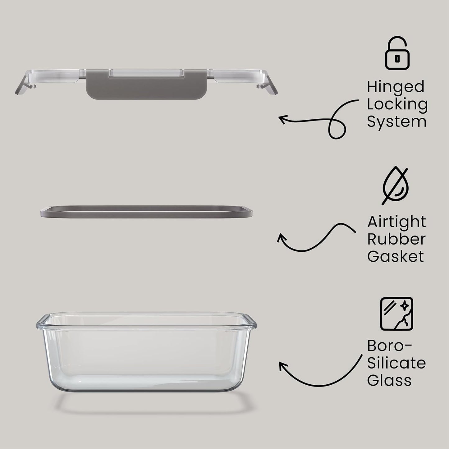 Bakken Borosilicate Glass Food Storage Containers with Lids 16 Pieces, BPA-Free Stackable Lunch & Leftover Containers, Microwave, Freezer & Dishwasher Safe, 100% Airtight Leak-Proof, Gray