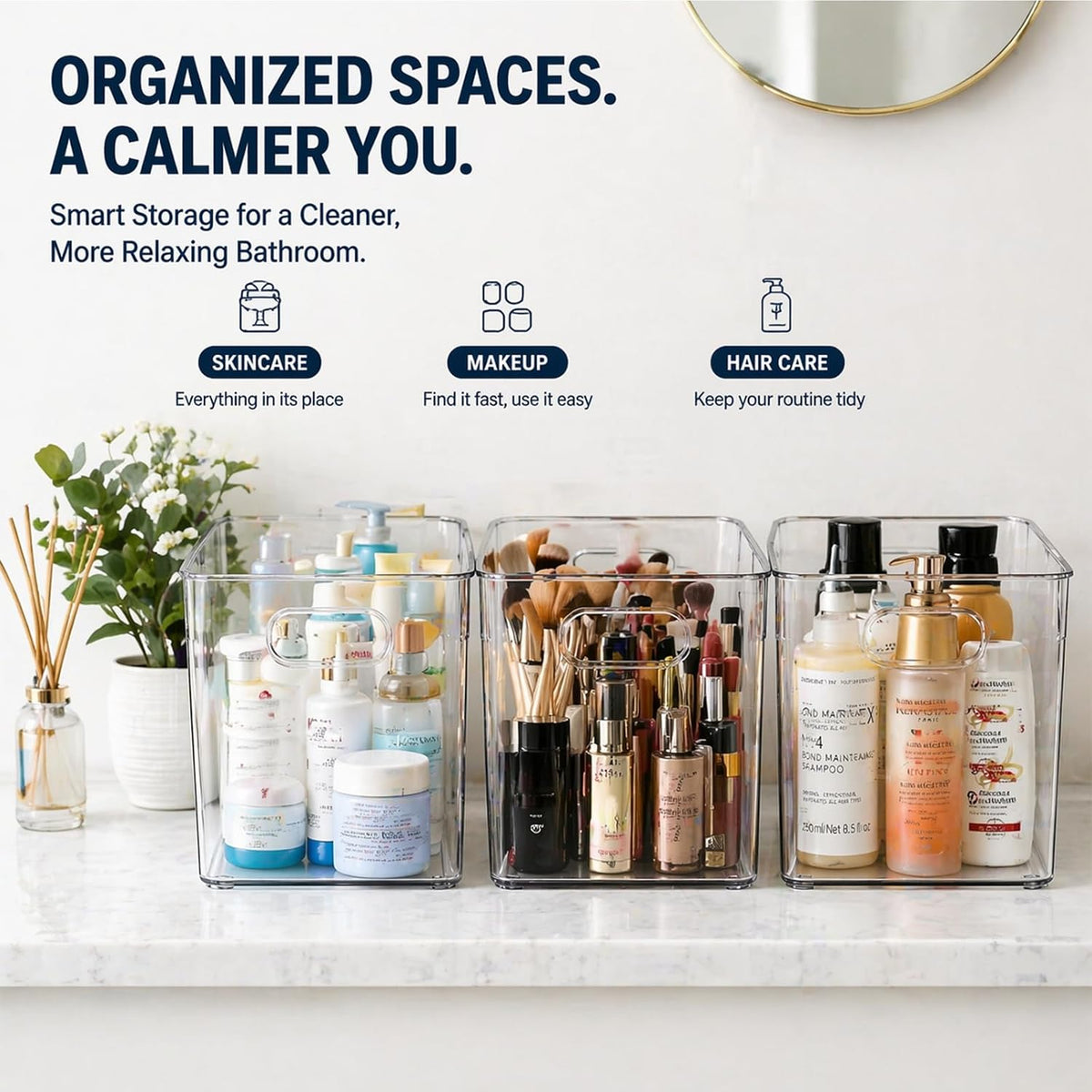 MOONEDGE 4 Pack Clear Plastic Organizer Bins, 2 Large & 2 Small Storage Set | Storage Bins for Pantry, Space-Saving Organizer Containers for Cabinets, Under-Sink, Bathroom, Kitchen, Freezer, Home Storage