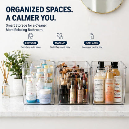 MOONEDGE 6 Pack Clear Organizer Bins 11x8x6in Pantry Organizers and Storage | Clear Containers for Organizing, Plastic Storage Bins with Handles for Drawer, Craft, Fridge, Kitchen Cabinet Shelf
