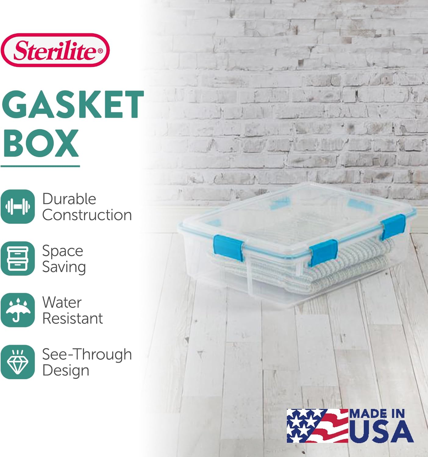 Sterilite 80 Qt Gasket Box, Stackable Storage Bin with Latching Lid and Tight Seal, Plastic Container to Organize Basement, Clear Base and Lid, 1-Pack