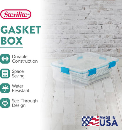 Sterilite 80 Qt Gasket Box, Stackable Storage Bin with Latching Lid and Tight Seal, Plastic Container to Organize Basement, Clear Base and Lid, 1-Pack