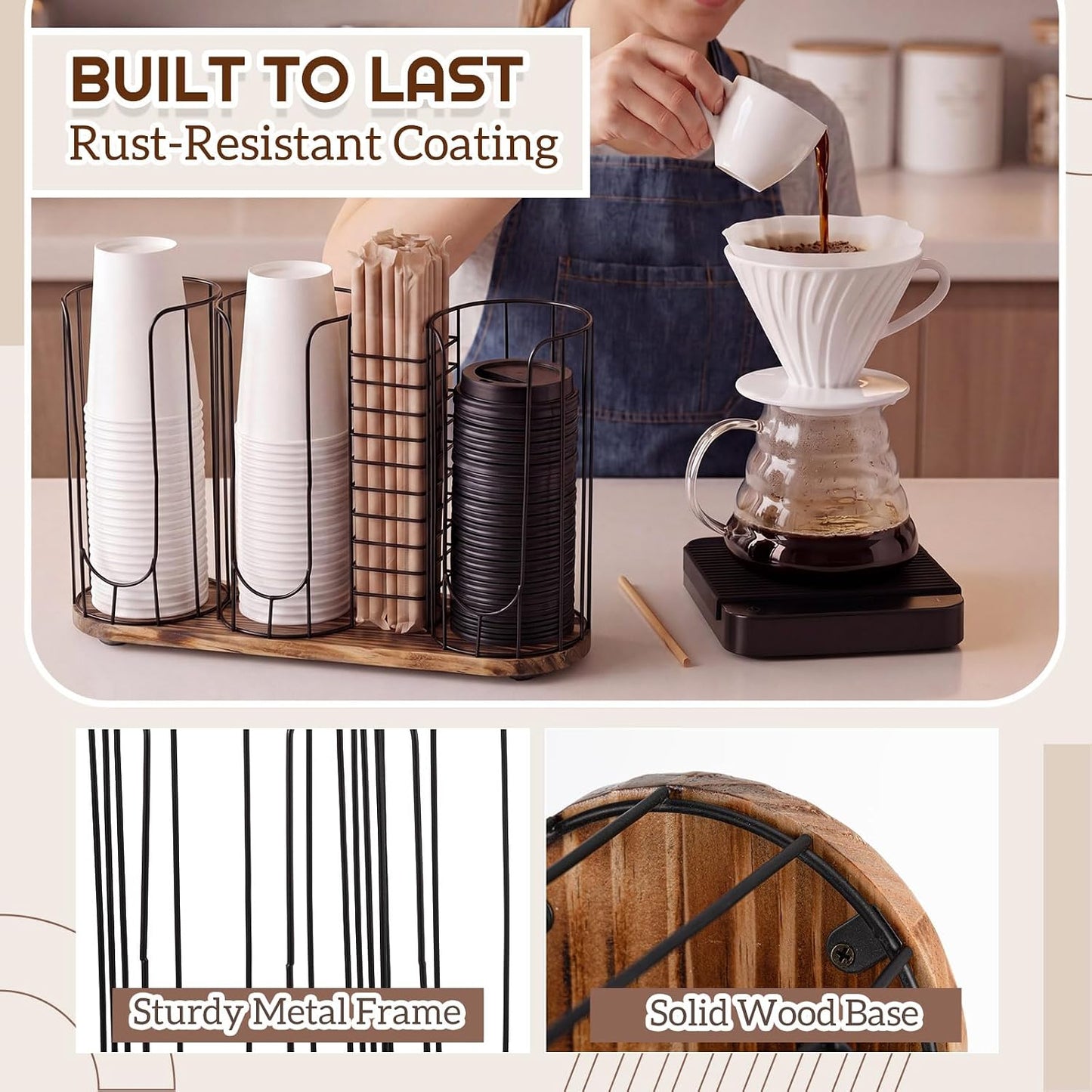 Geelin 18oz Adjustable Coffee Cup Dispenser with Wooden Base, Cup and Lid Holder, Cups Holder Organizer for Coffee Pod Straw and Lid Storage(2-compartment Single,Color 2)