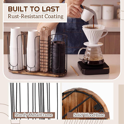 Geelin 18oz Adjustable Coffee Cup Dispenser with Wooden Base, Cup and Lid Holder, Cups Holder Organizer for Coffee Pod Straw and Lid Storage(2-compartment Single,Color 2)