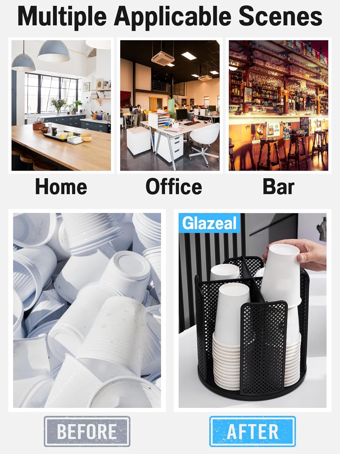 Rotatable Cup and Lid Organizer with 4 Compartments, Coffee Cup Dispenser for 5-16 oz Paper Cup Storage Organizer for Home Countertop Bathroom Kitchen Coffee Shop Restaurant Bar Office