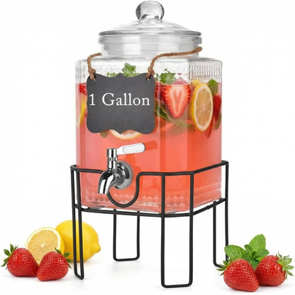 Drink Dispenser, Drink Dispensers for Parties, 1 Gallon Glass Beverage Dispenser with Stand and Glass Lid, 100% Leakproof Spigot, Ideal for Lemonade, Juice, Iced Tea, Laundry Detergent