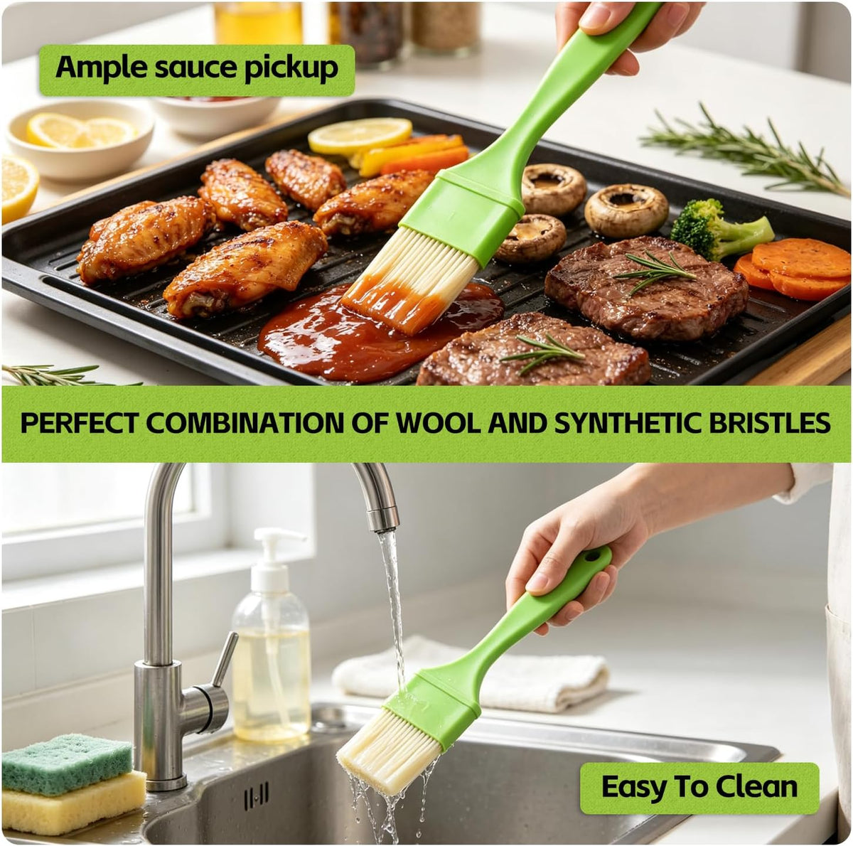 3 Pcs Pastry Brush Set, 1/1/2 Inch Basting Brush for Cooking and Baking, Heat Resistant Bristle Kitchen Brush with Hanging Hole for Oil, Butter, BBQ Sauce and Marinade（Green）
