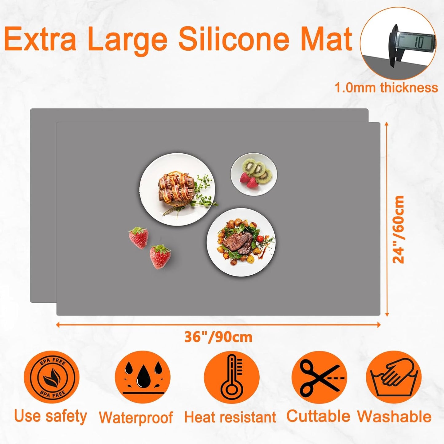 2Pack Large Silicone Mats for Kitchen Counter, 48''x24''(120cmx60cm) Heat Resistant Mat for Kitchen Island, Waterproof Multipurpose Countertop Protector, Black