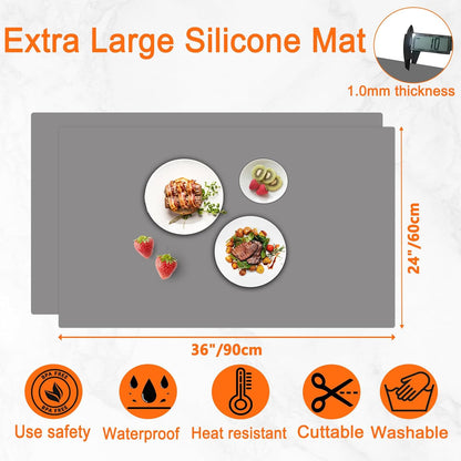 2Pack Large Silicone Mats for Kitchen Counter, 48''x24''(120cmx60cm) Heat Resistant Mat for Kitchen Island, Waterproof Multipurpose Countertop Protector, Black