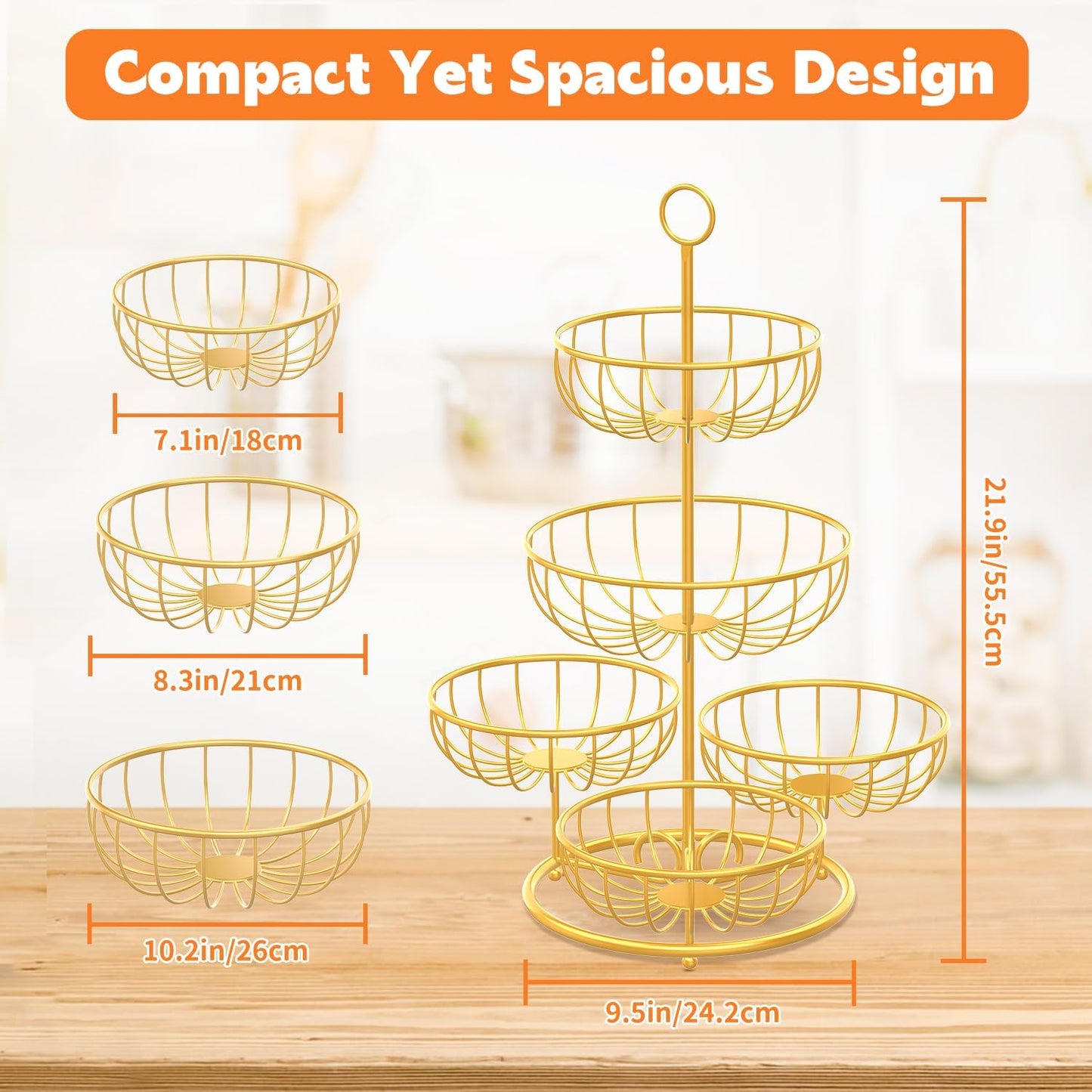 PouHenier.jh 3 Tier Rotating Fruit Basket Bowl, Kitchen Counter Wire Produce Organizer Holder, Stable Vegetable Storage Stand with 2 Banana Hangers, Countertop Tiered Veggie Rack, Easy Setup, Black