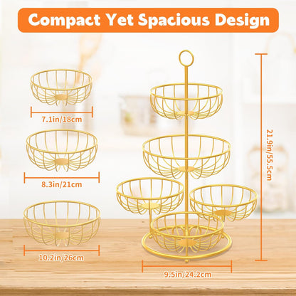 PouHenier.jh 3 Tier Rotating Fruit Basket Bowl, Kitchen Counter Wire Produce Organizer Holder, Stable Vegetable Storage Stand with 2 Banana Hangers, Countertop Tiered Veggie Rack, Easy Setup, Black