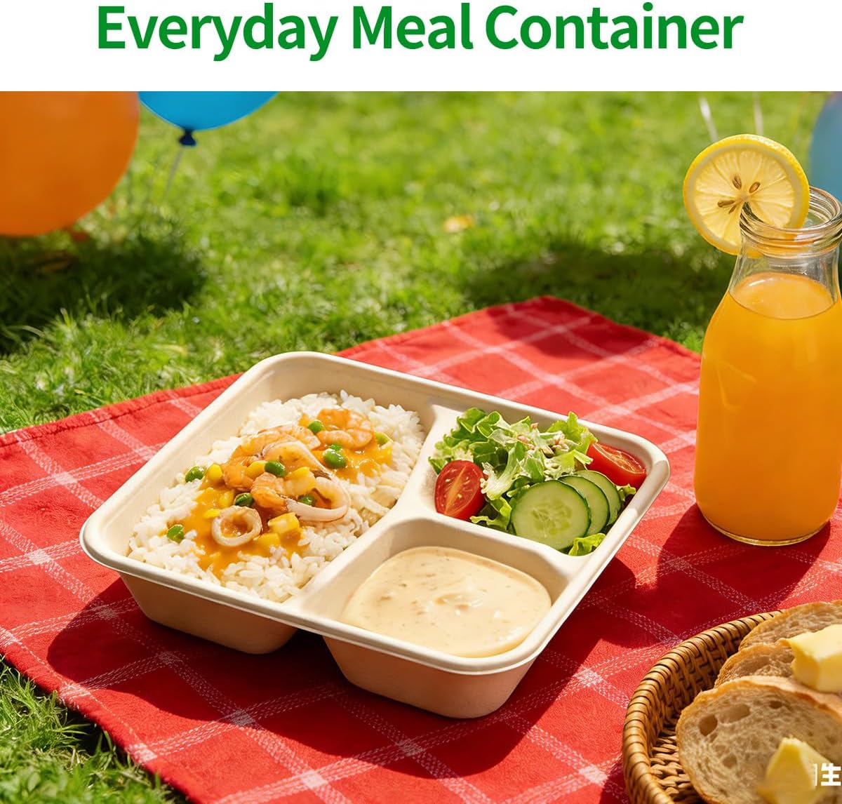 bloomoon 3 Compartment Take Out Lunch Box Containers 50 Pack | 8x8 inch Disposable 3 Compartment Meal Prep Bento Box Containers, 50 Bowls 50 Lids