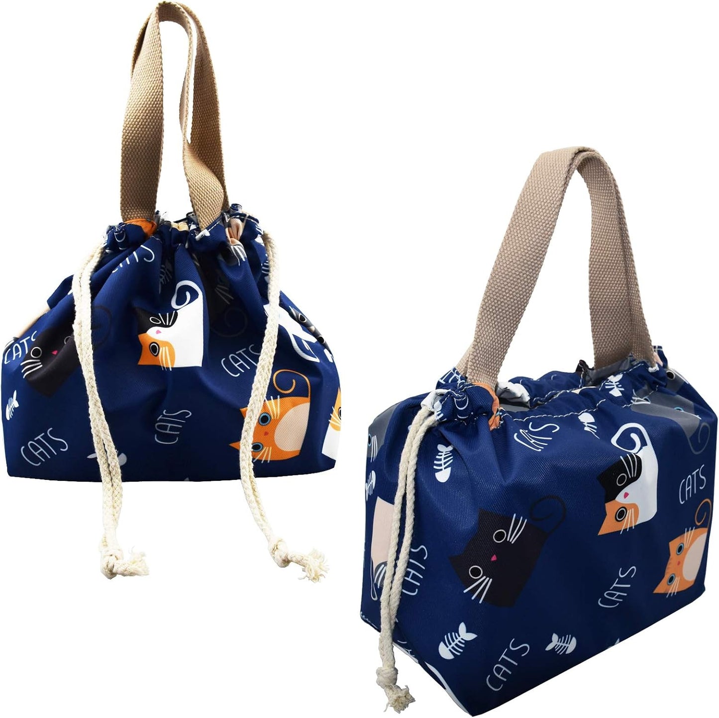 enyuwlcm Mini Lunch Tote Pouch Reusable Small Cute Lunch Bag with Drawstring Suitable for Girls Women Cat Blue
