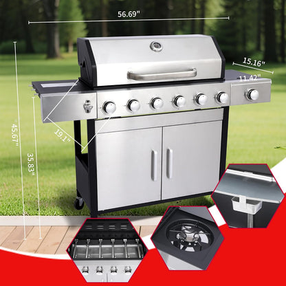 6-Burner BBQ Grill with Side Burner - 69,000 BTU Propane Gas Grill with Cast Iron Grate, Stainless Steel - 620 Sq. In. Cooking Area Cabinet Style Outdoor Grill for Barbecue & Backyard