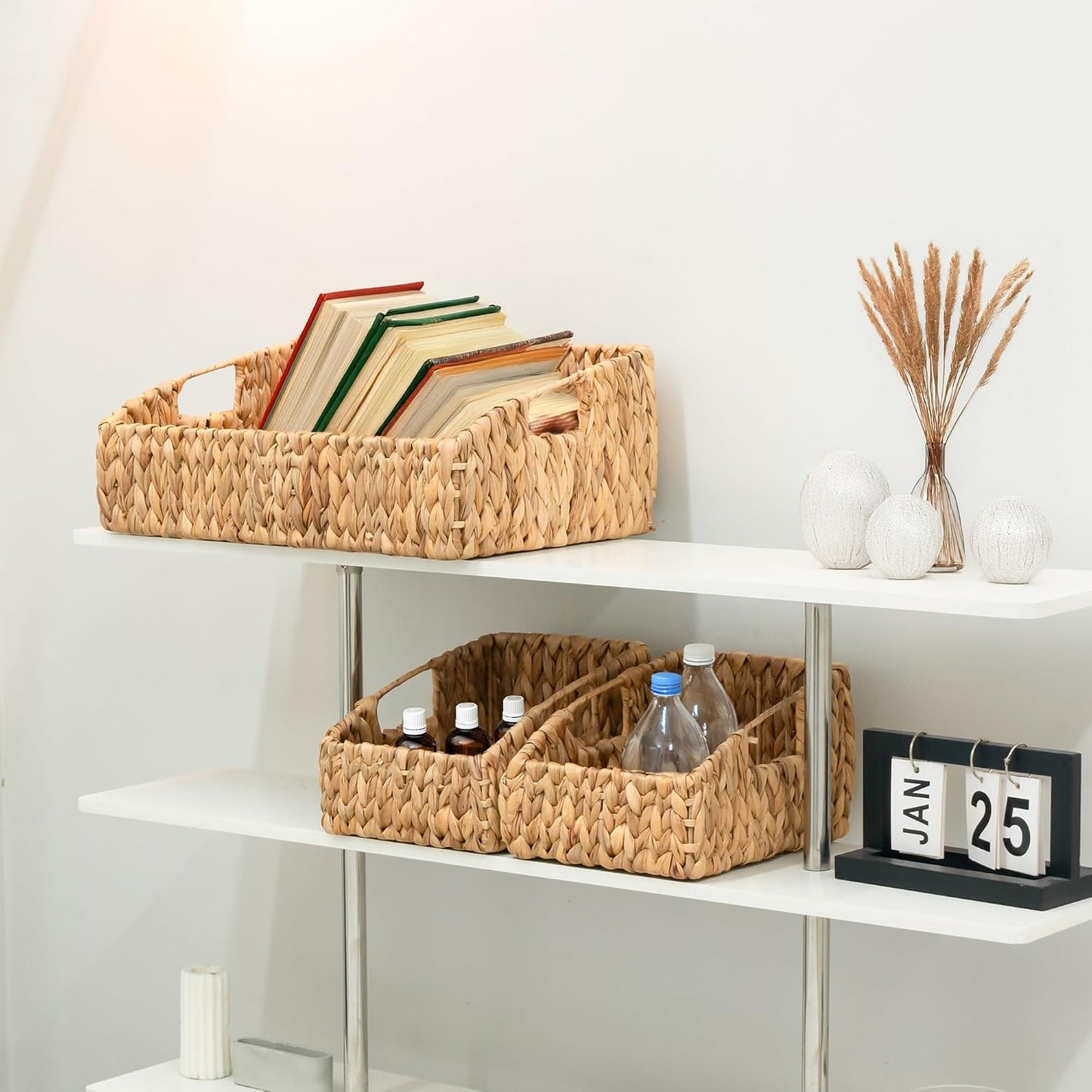 KOKODO 2-Pack Open Front Pantry Baskets, Handwoven Water Hyacinth Wicker Storage Baskets with Built-in Handles, Organizing Bins for Shelves
